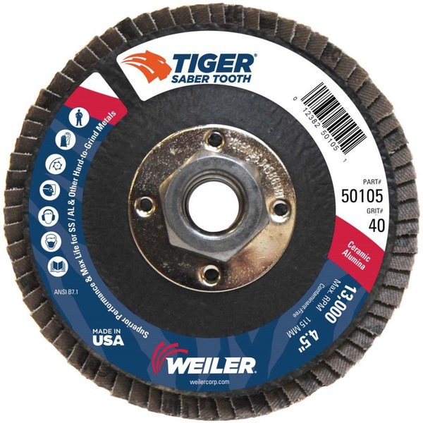 Weiler 4-1/2" Tiger Flap Disc, Conical (TY29), Phenolic Back, 40C, 5/8"-11 UNC 50105